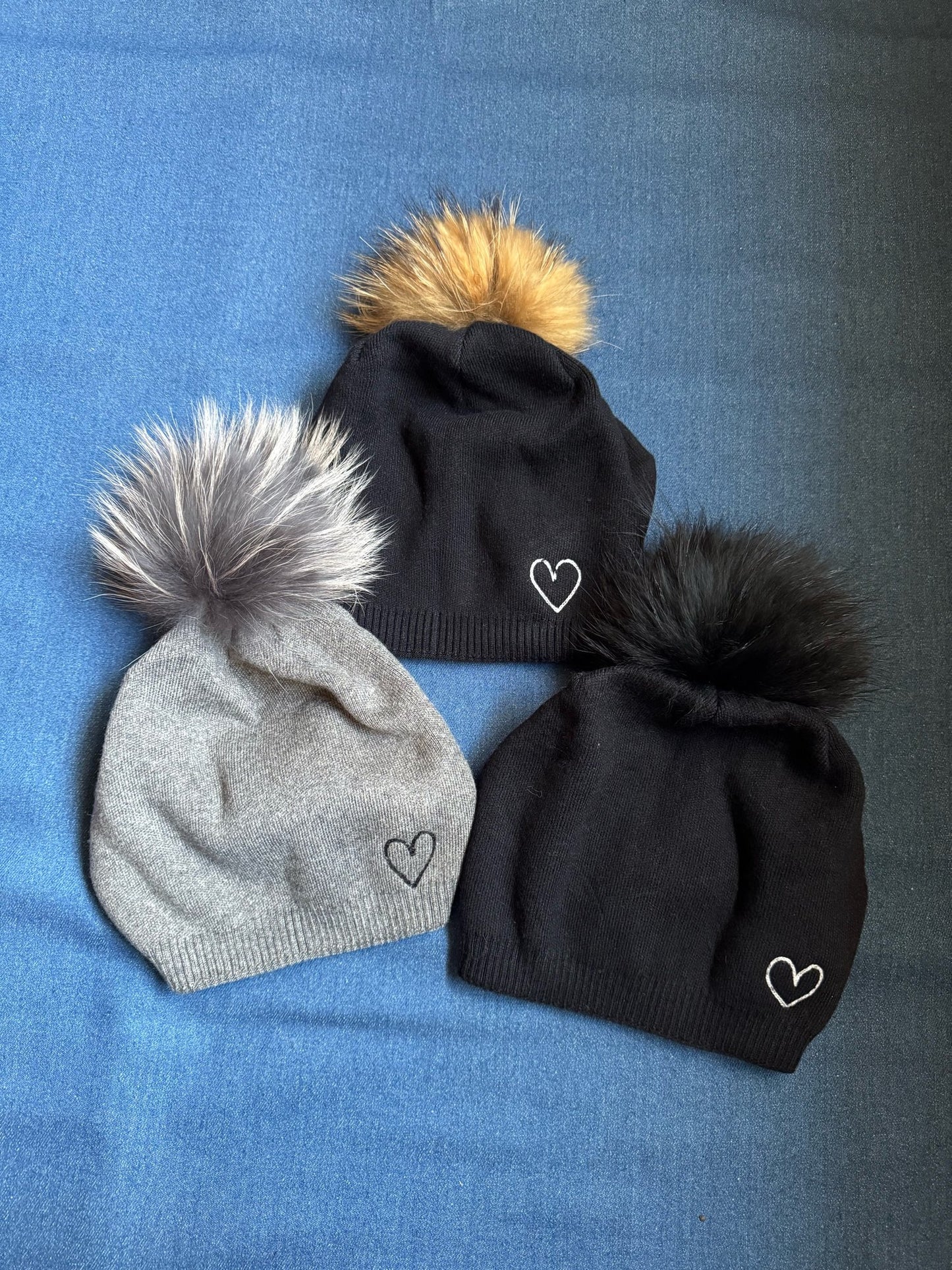 Embroidered Heart Cashmere Slouch Pom Beanie