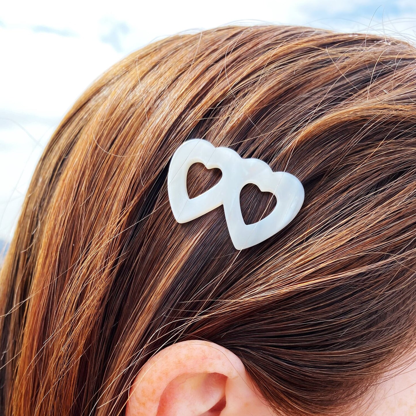 White Mother of Pearl Double Heart French Barrette