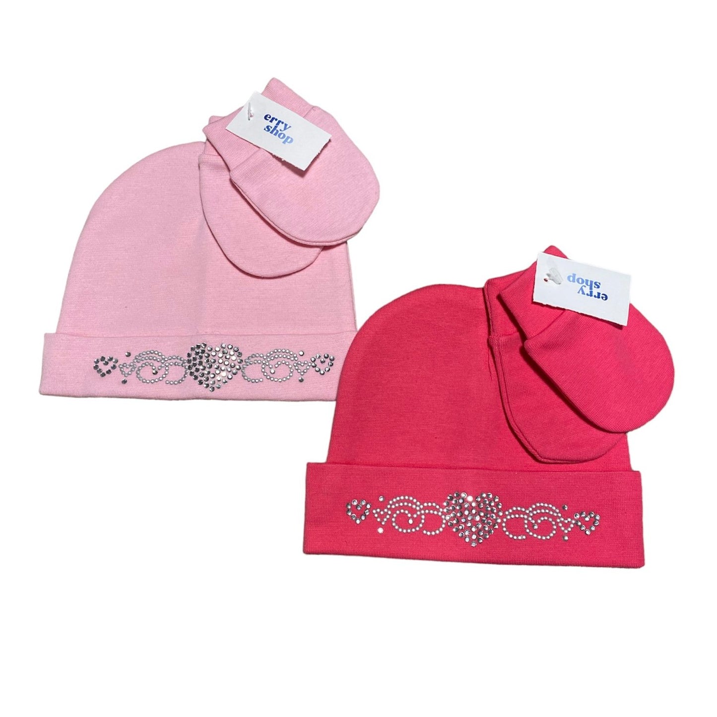 Newborn Rhinestone Heart Mitten & Hat Set
