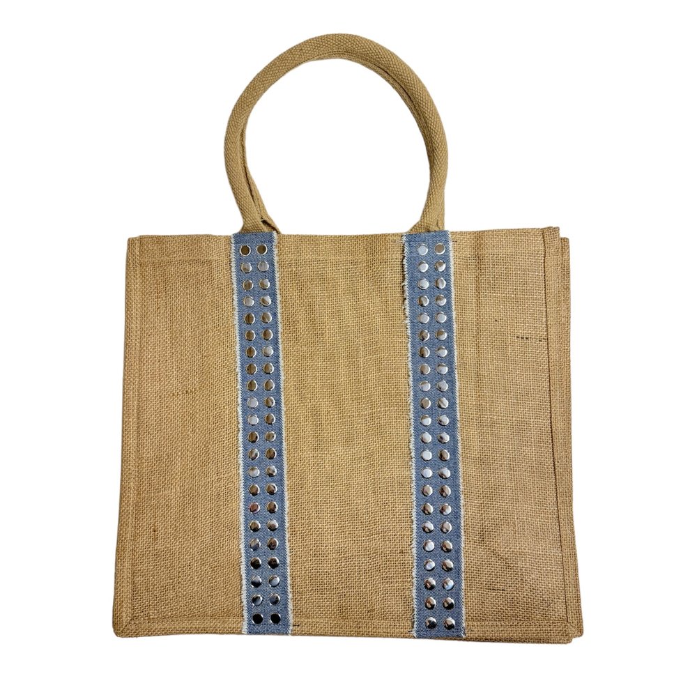 Woven Jute Studded Denim Hat Tote