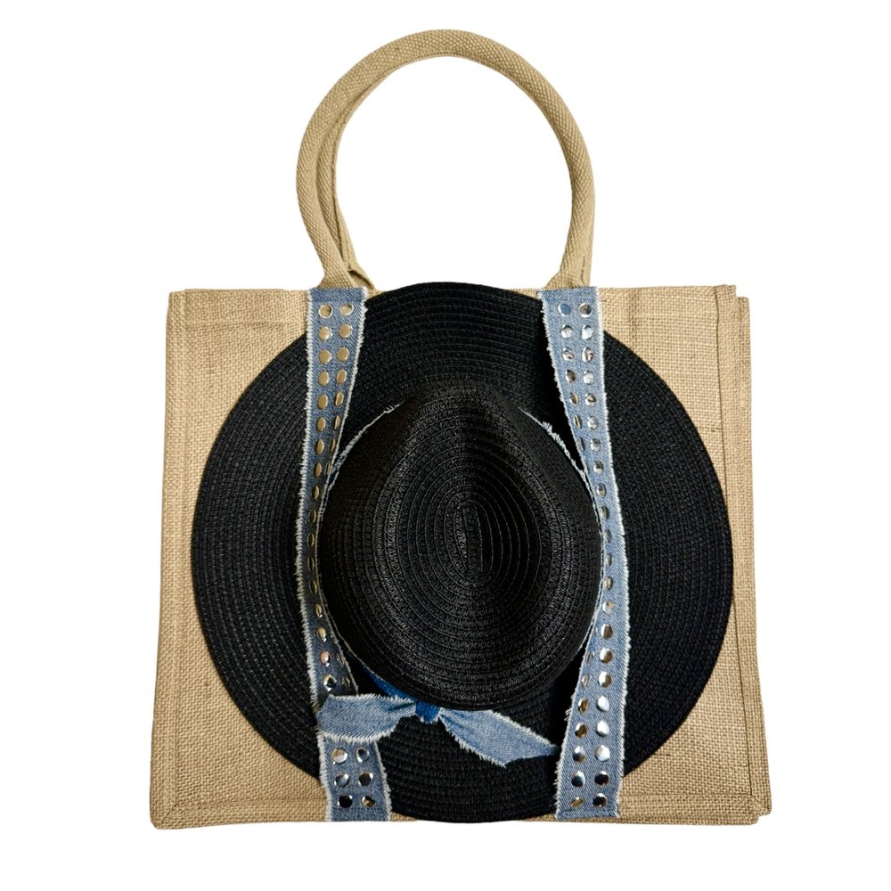 Woven Jute Studded Denim Hat Tote