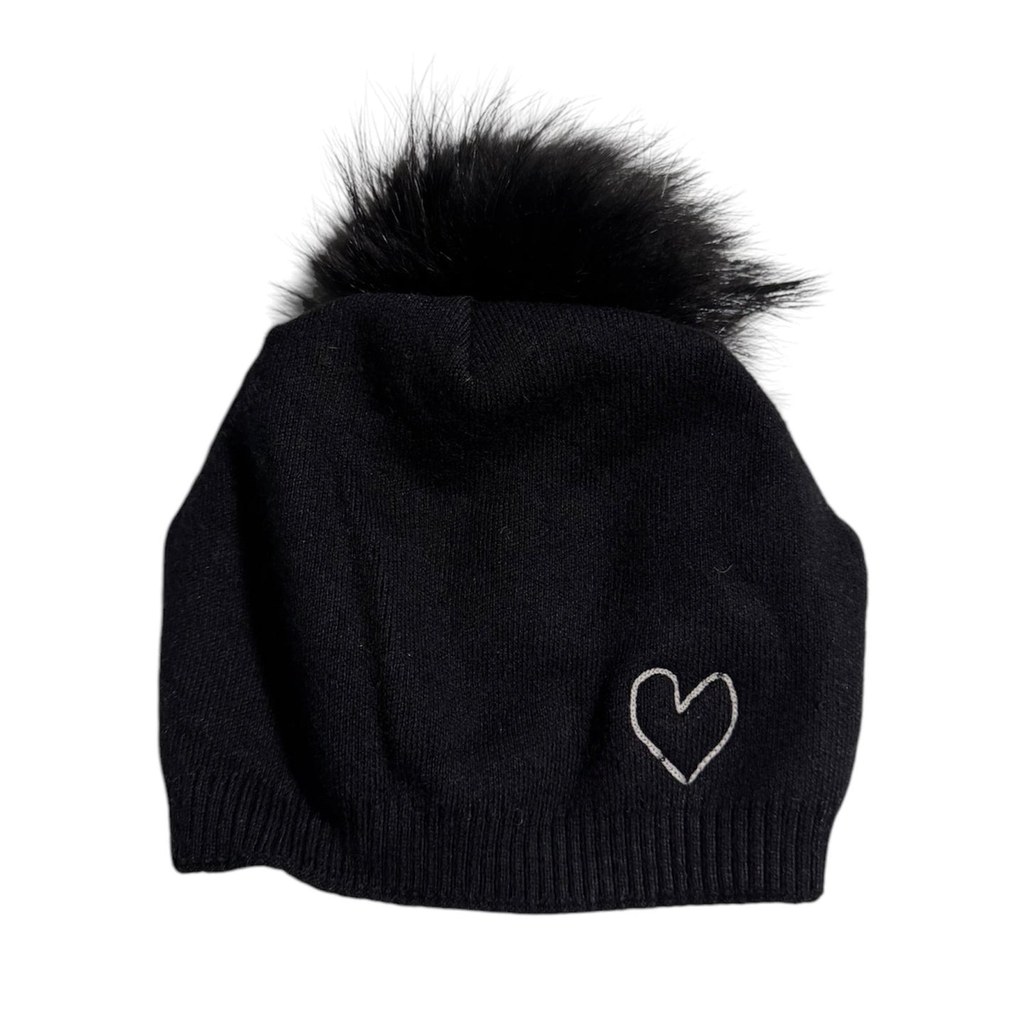 Embroidered Heart Cashmere Slouch Pom Beanie