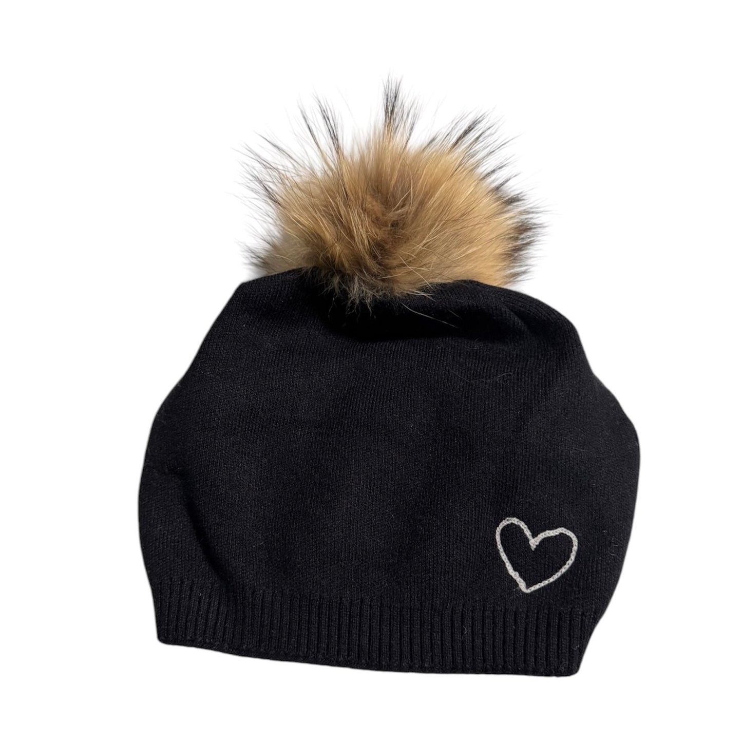 Embroidered Heart Cashmere Slouch Pom Beanie