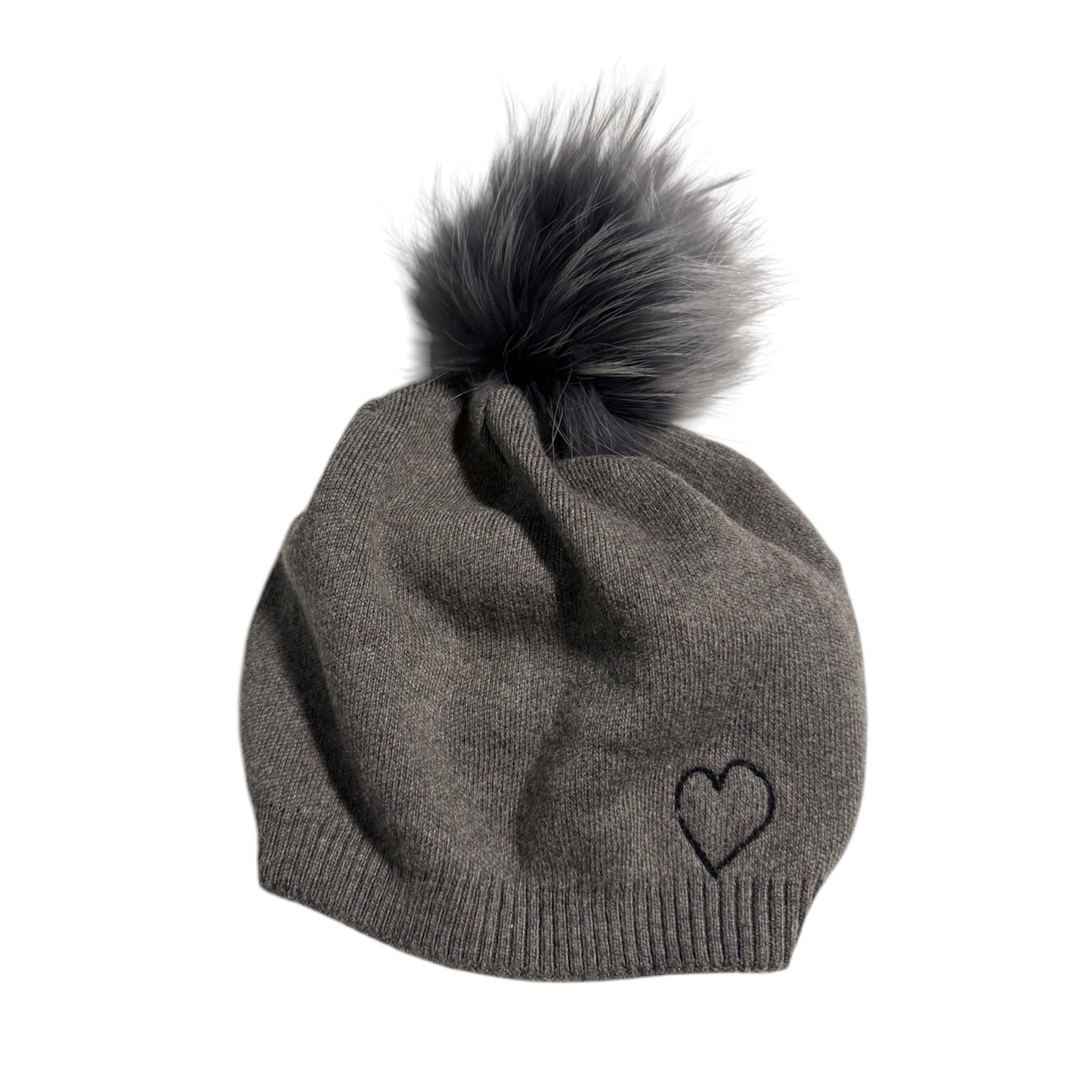 Embroidered Heart Cashmere Slouch Pom Beanie
