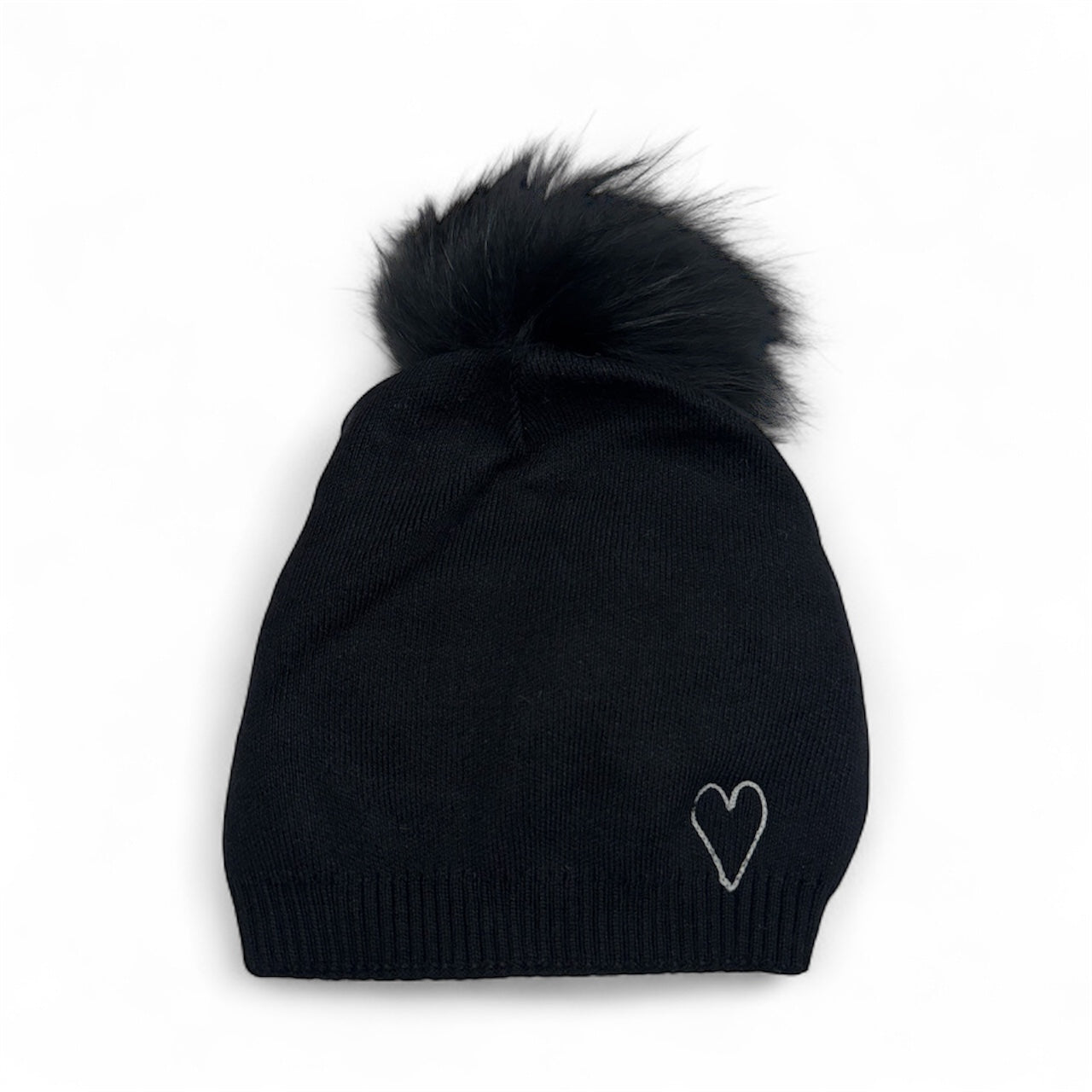 Embroidered Heart Cashmere Slouch Pom Beanie