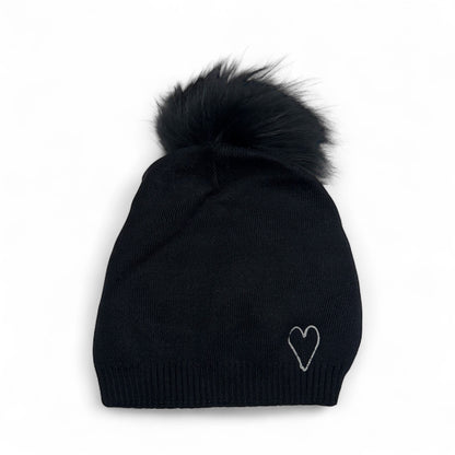 Embroidered Heart Cashmere Slouch Pom Beanie