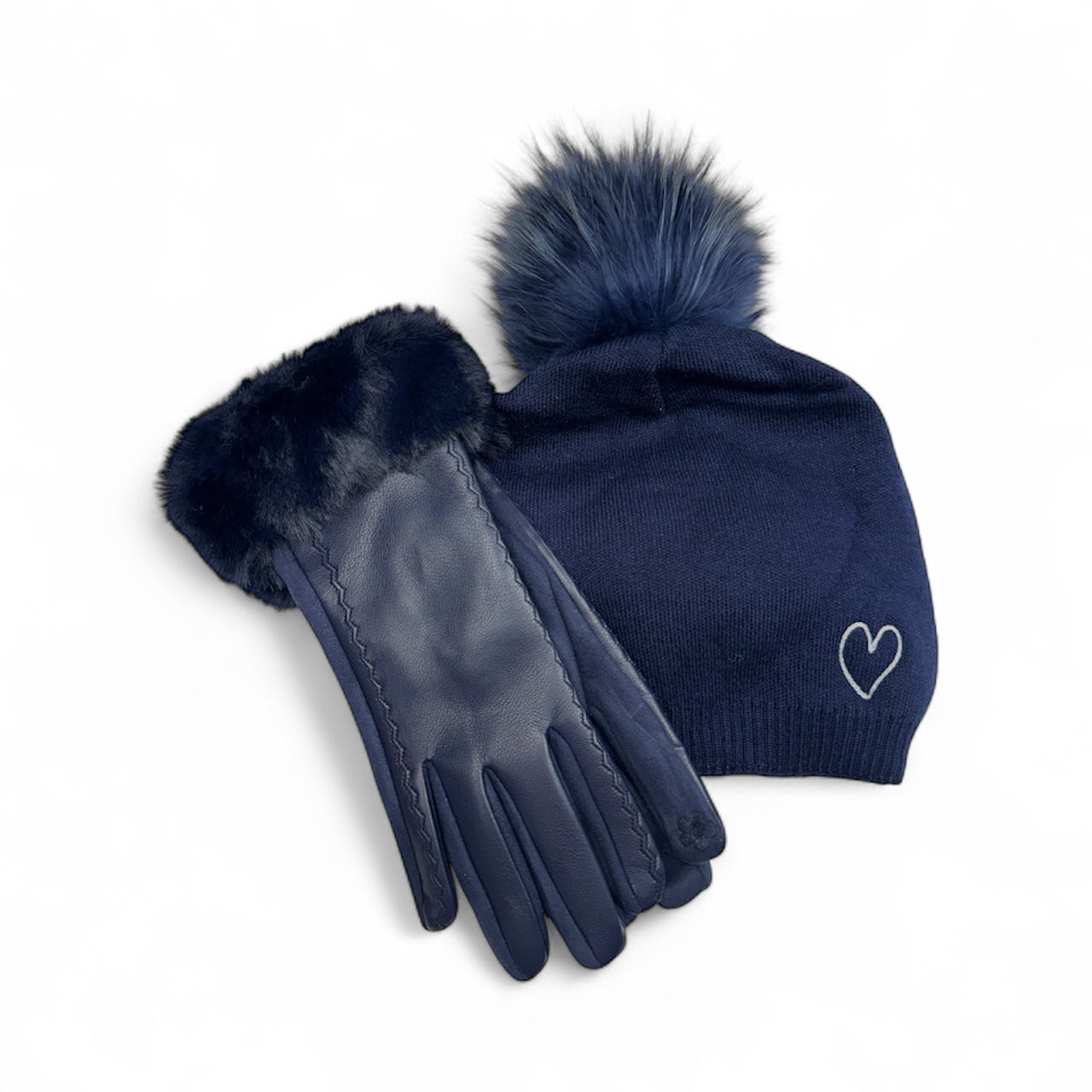 Cashmere Embroidered Heart Beanie + Faux Leather Gloves Bundle