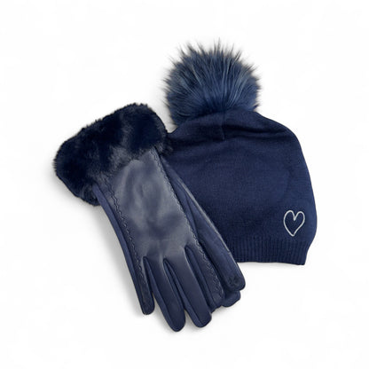 Cashmere Embroidered Heart Beanie + Faux Leather Gloves Bundle