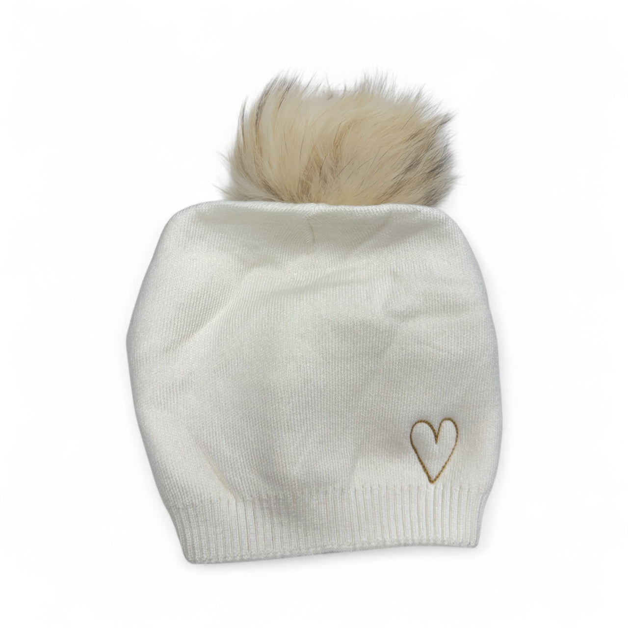 Embroidered Heart Cashmere Slouch Pom Beanie