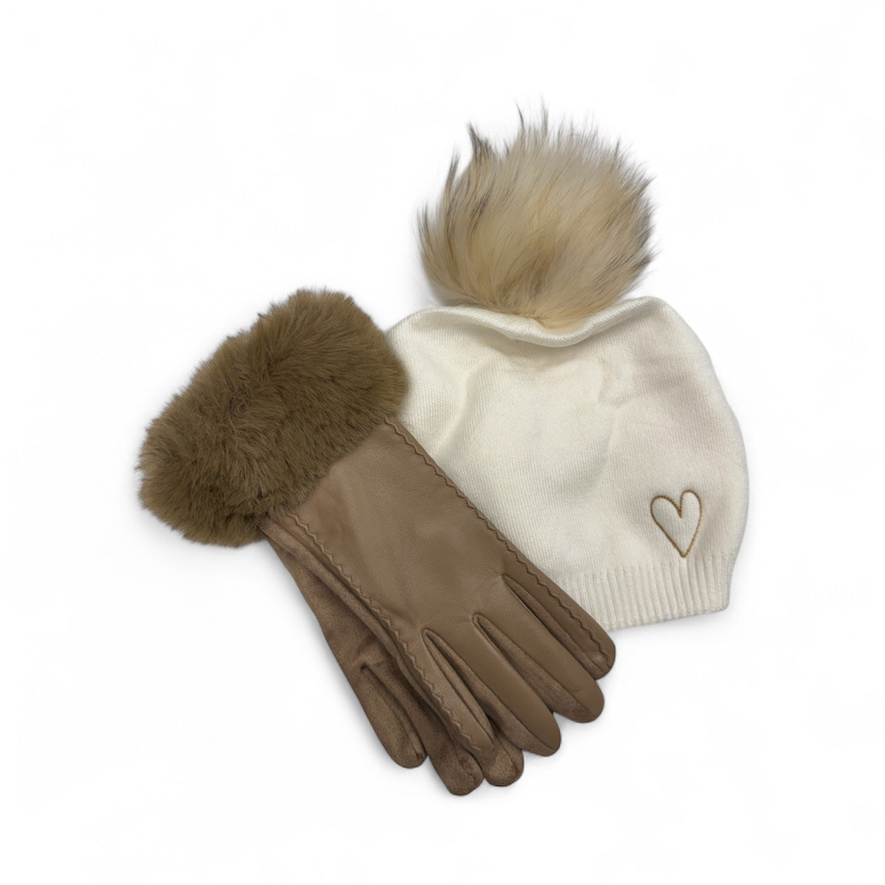 Cashmere Embroidered Heart Beanie + Faux Leather Gloves Bundle