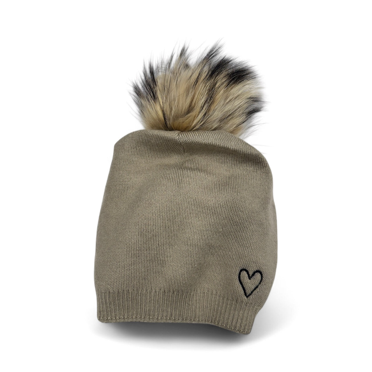 Embroidered Heart Cashmere Slouch Pom Beanie
