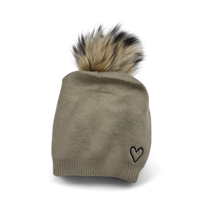 Embroidered Heart Cashmere Slouch Pom Beanie
