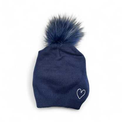 Embroidered Heart Cashmere Slouch Pom Beanie