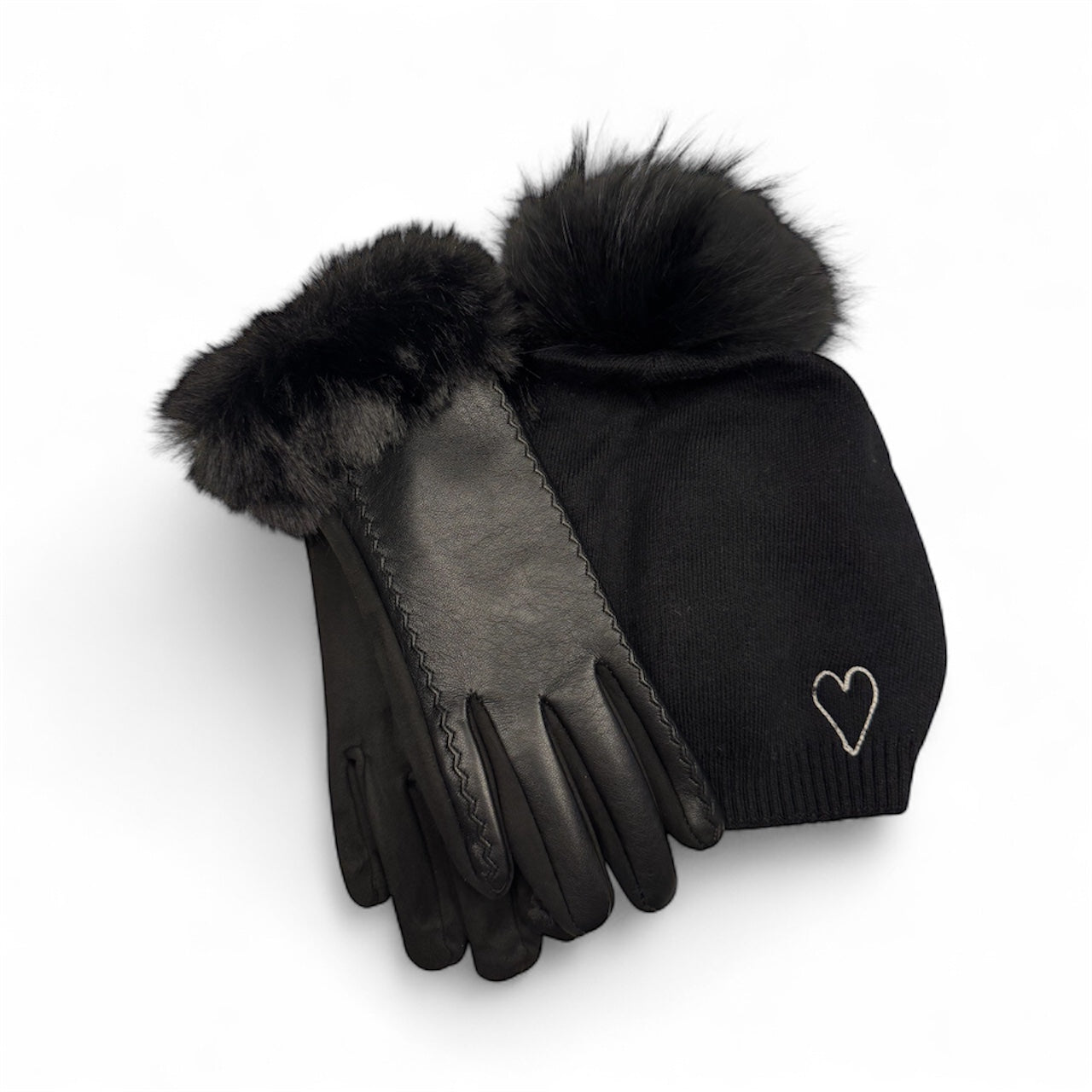 Cashmere Embroidered Heart Beanie + Faux Leather Gloves Bundle
