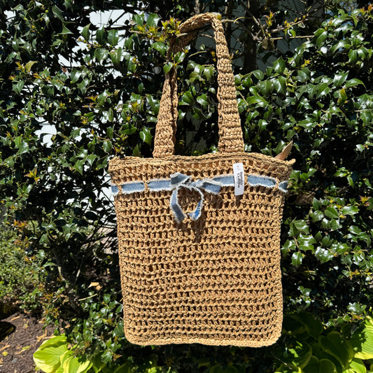 Woven Ribbon Straw Tote Bag