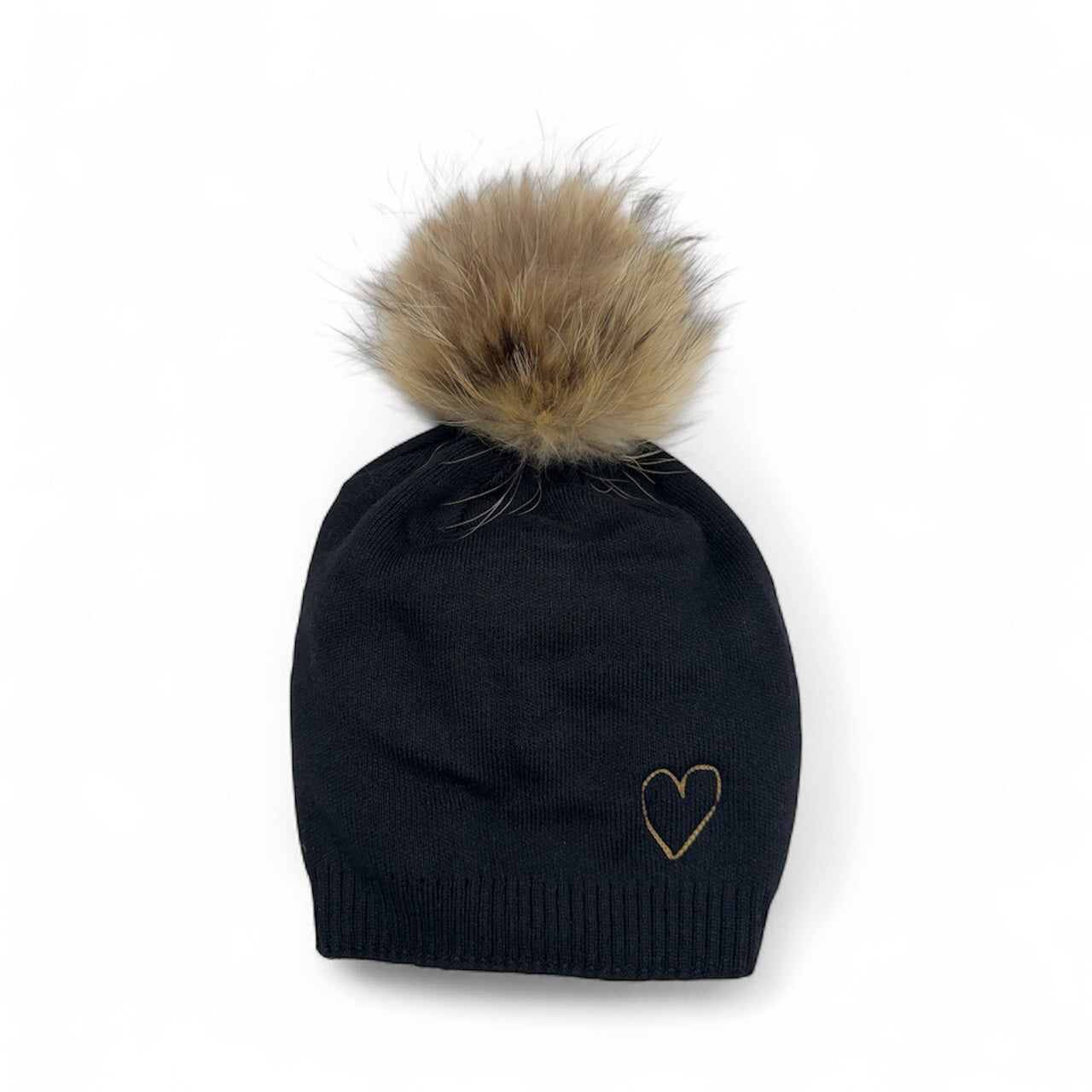Embroidered Heart Cashmere Slouch Pom Beanie
