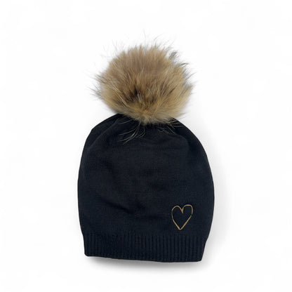 Embroidered Heart Cashmere Slouch Pom Beanie