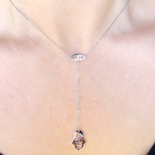 Open Evil Eye & Hamsa Short Lariat