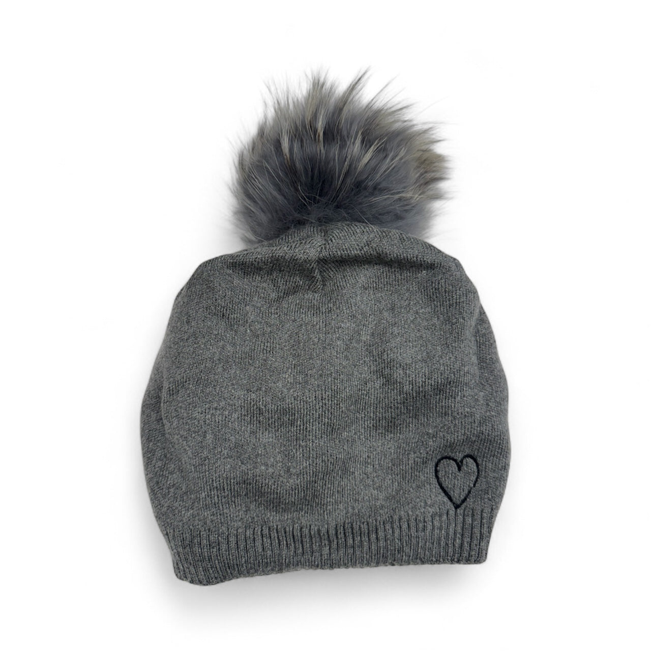 Embroidered Heart Cashmere Slouch Pom Beanie