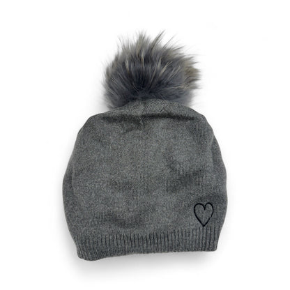 Embroidered Heart Cashmere Slouch Pom Beanie
