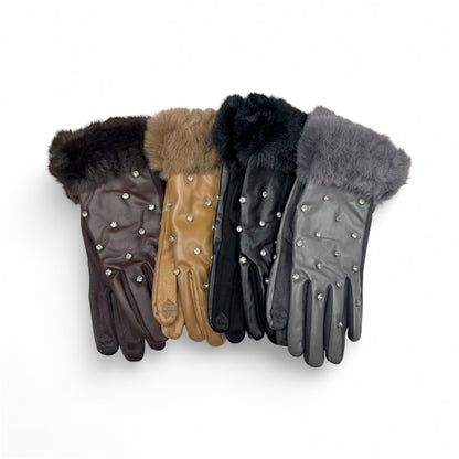 Faux Leather Rhinestone Gloves with Fur Cuff
