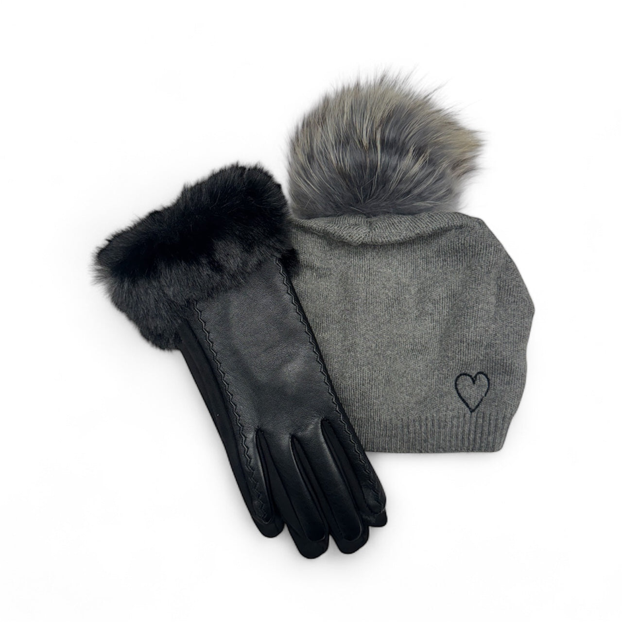 Cashmere Embroidered Heart Beanie + Faux Leather Gloves Bundle