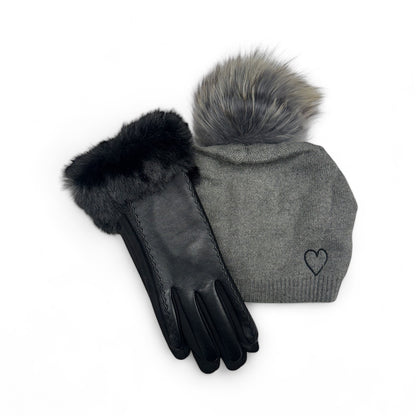 Cashmere Embroidered Heart Beanie + Faux Leather Gloves Bundle