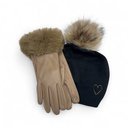 Cashmere Embroidered Heart Beanie + Faux Leather Gloves Bundle