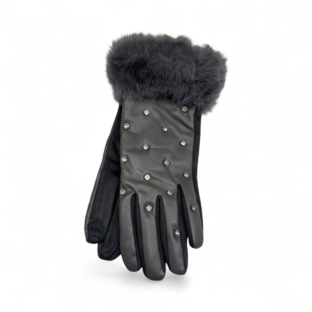 Faux Leather Rhinestone Gloves with Fur Cuff