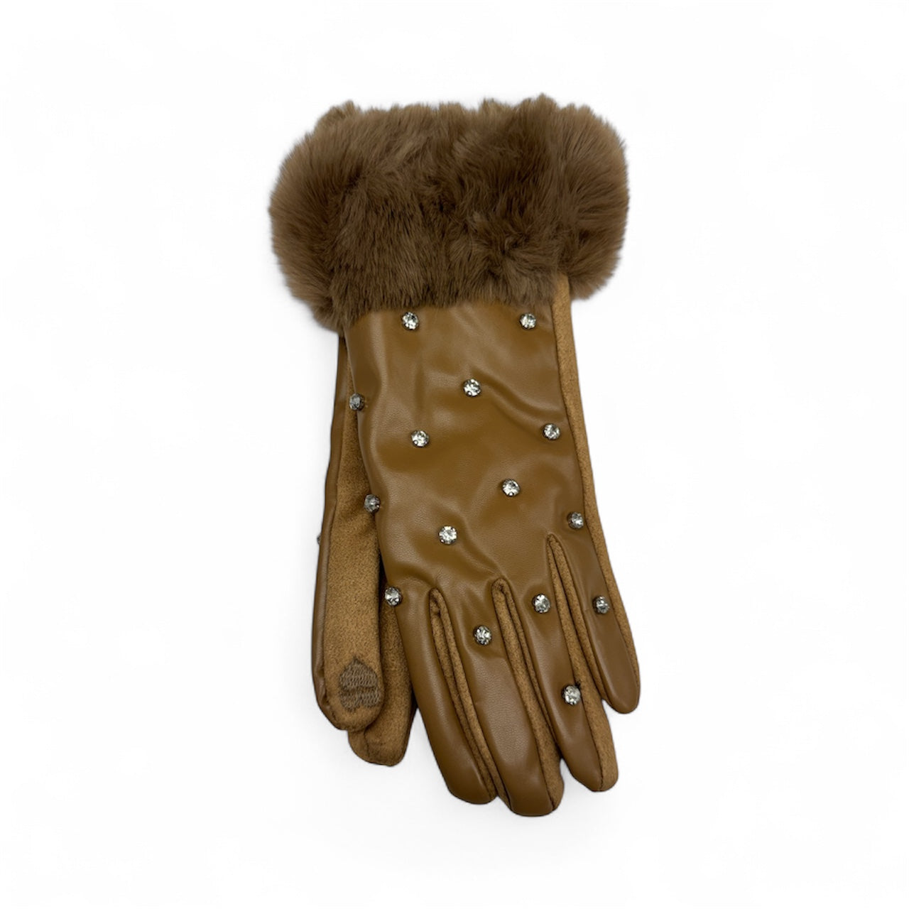 Faux Leather Rhinestone Gloves with Fur Cuff