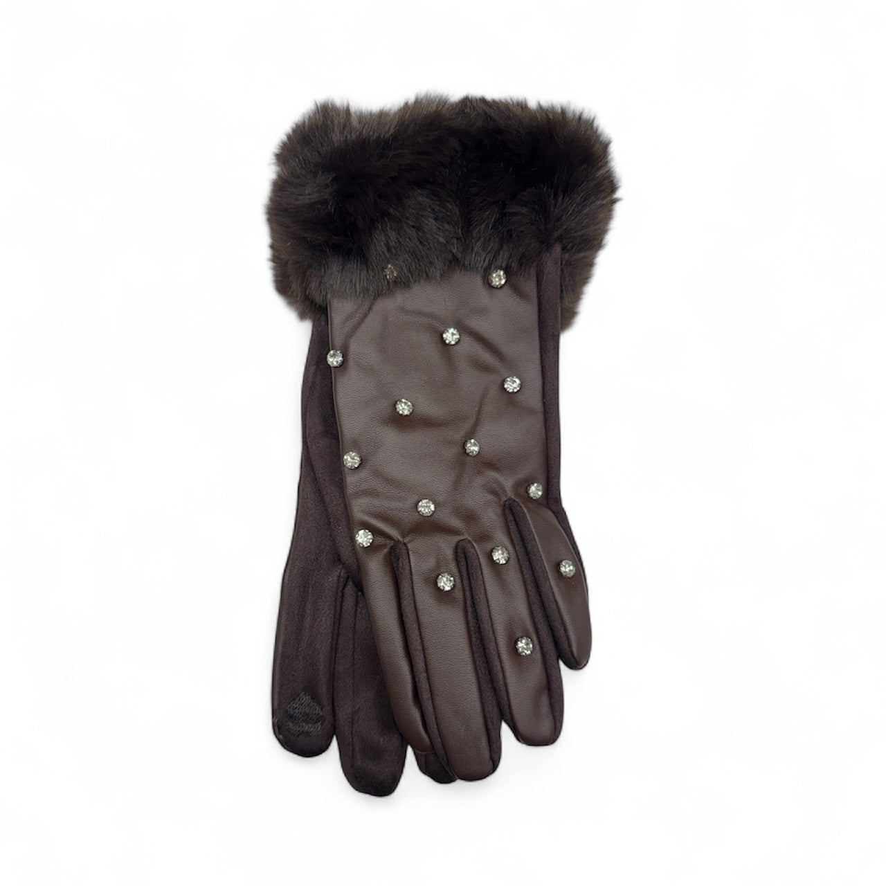 Faux Leather Rhinestone Gloves with Fur Cuff