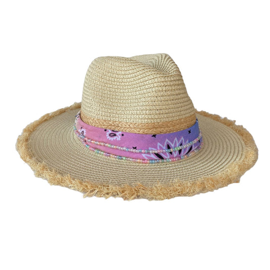 Pastel Bandana with Rainbow Beads Frayed Straw Hat
