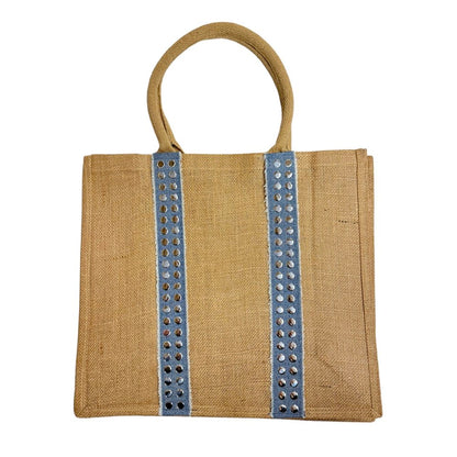 Woven Jute Studded Denim Hat Tote