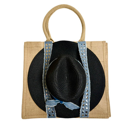 Woven Jute Studded Denim Hat Tote