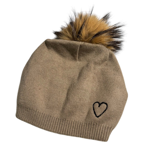 Embroidered Heart Cashmere Slouch Pom Beanie