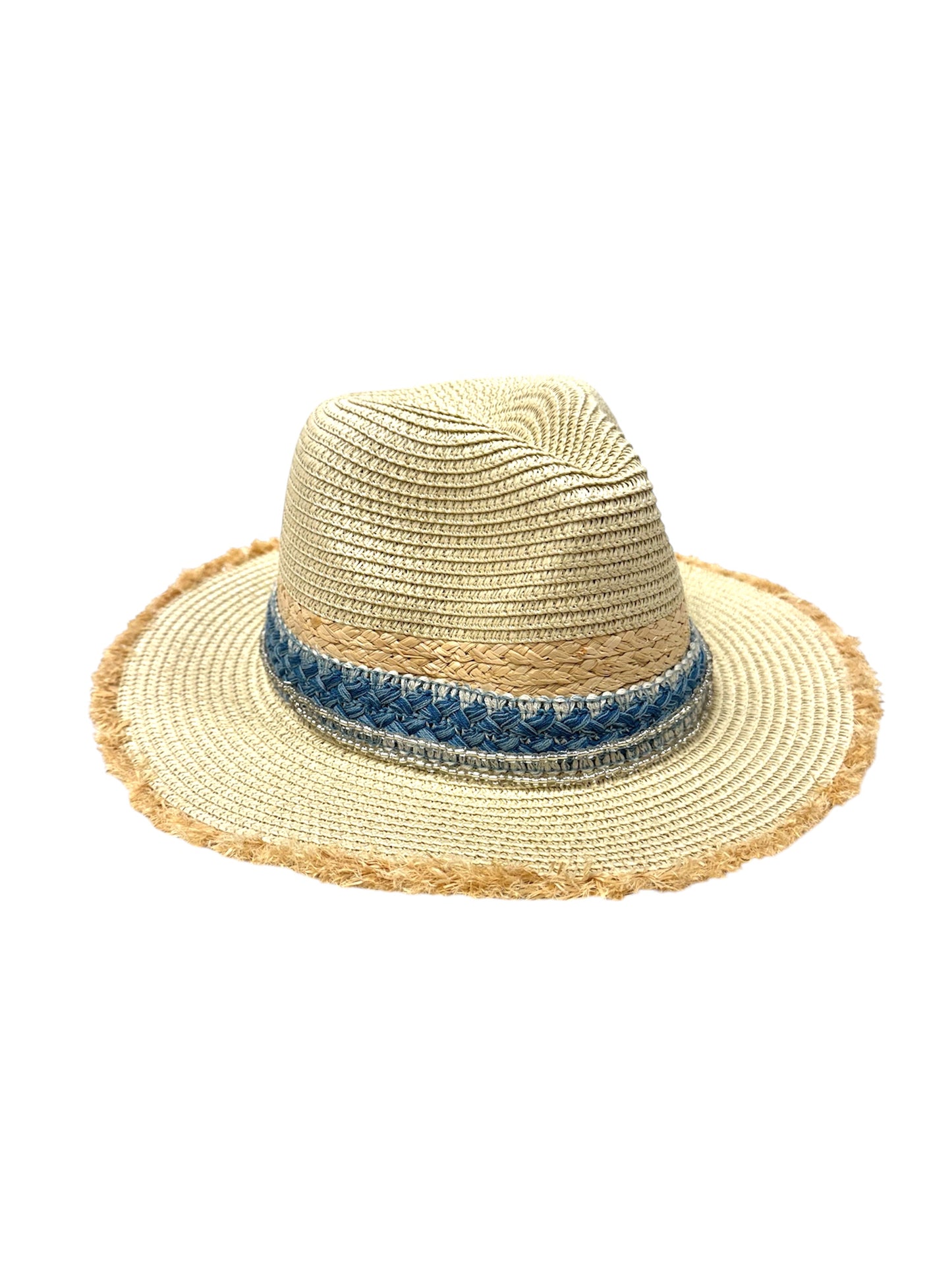 Vintage Blue Crochet Trim Frayed Straw Hat