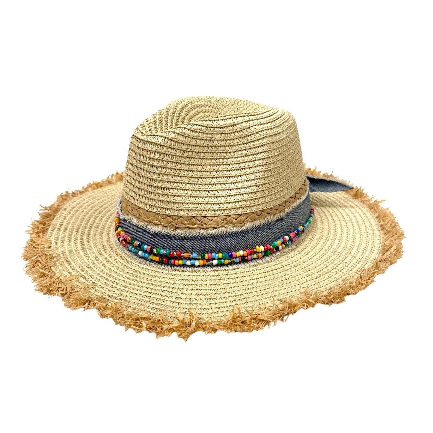 Rainbow Denim Frayed Straw Hat